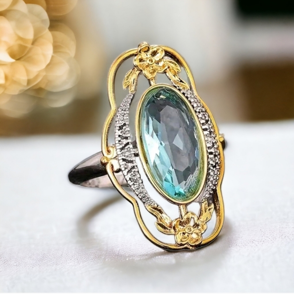 Art Deco Bridgerton Regency Era Ring 925 Sterling Silver Aquamarine sz 6